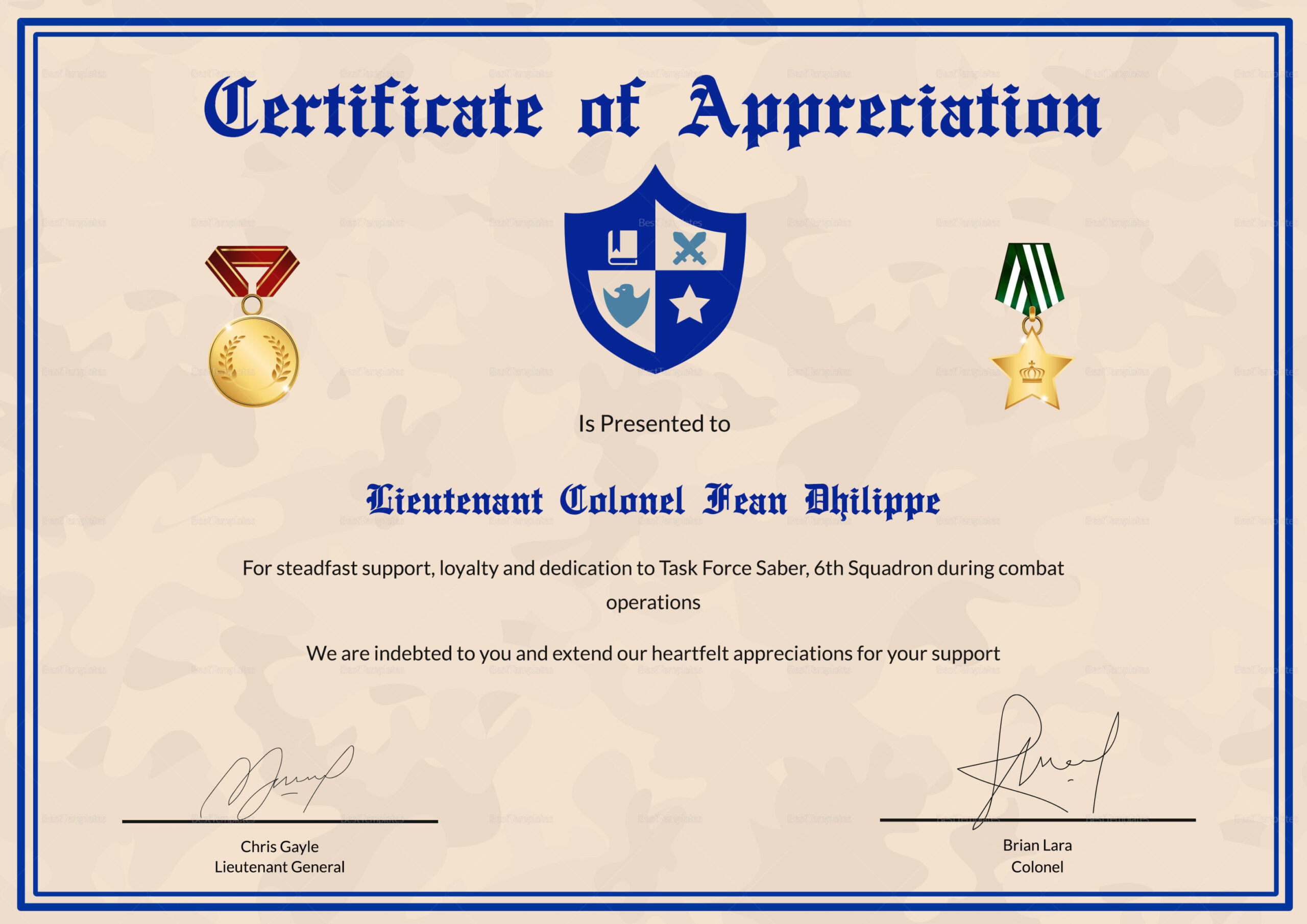 Army Certificate of Appreciation Design Template in PSD, Word