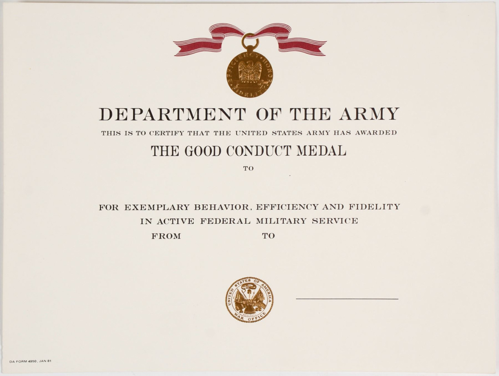 Army Good Conduct Medal Certificate [] - Holabird Western