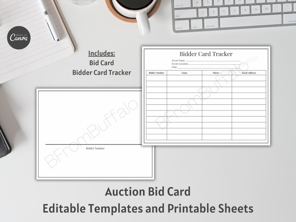 Auction Bid Card, Auction Bid Numbers, Silent Auction Forms