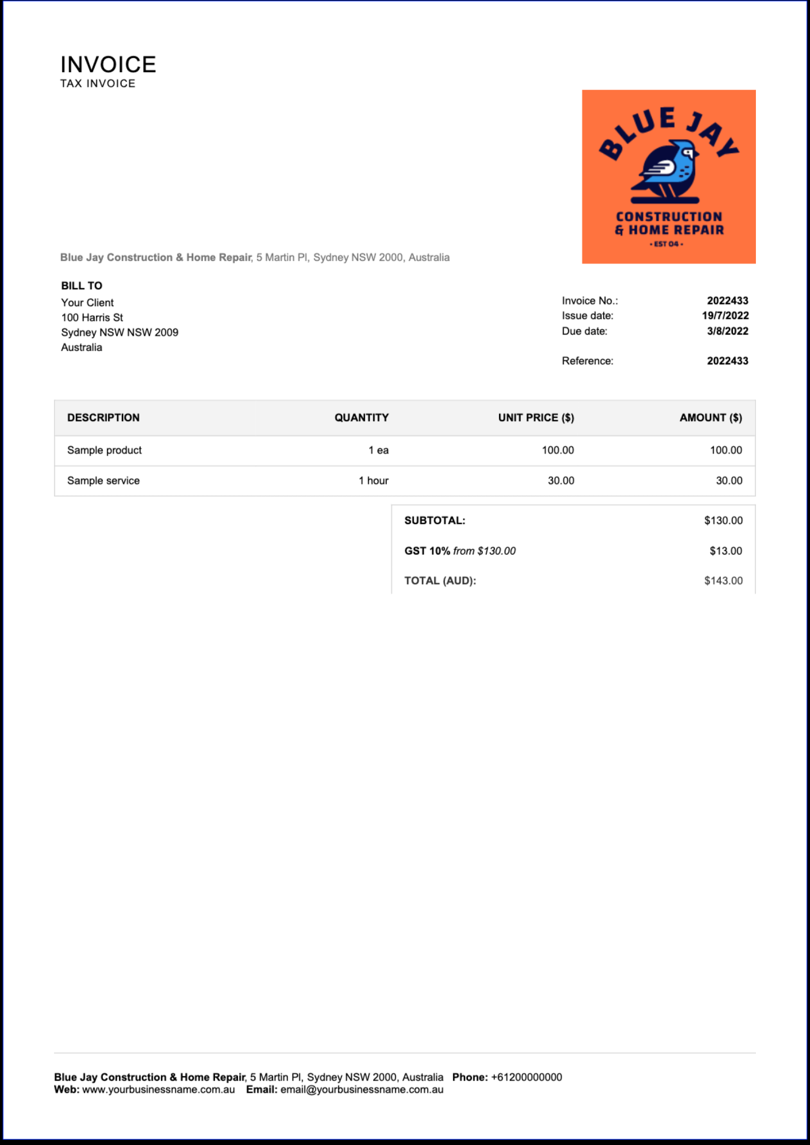 Australian Invoice Template Made Easy - Free & Editable  Billdu