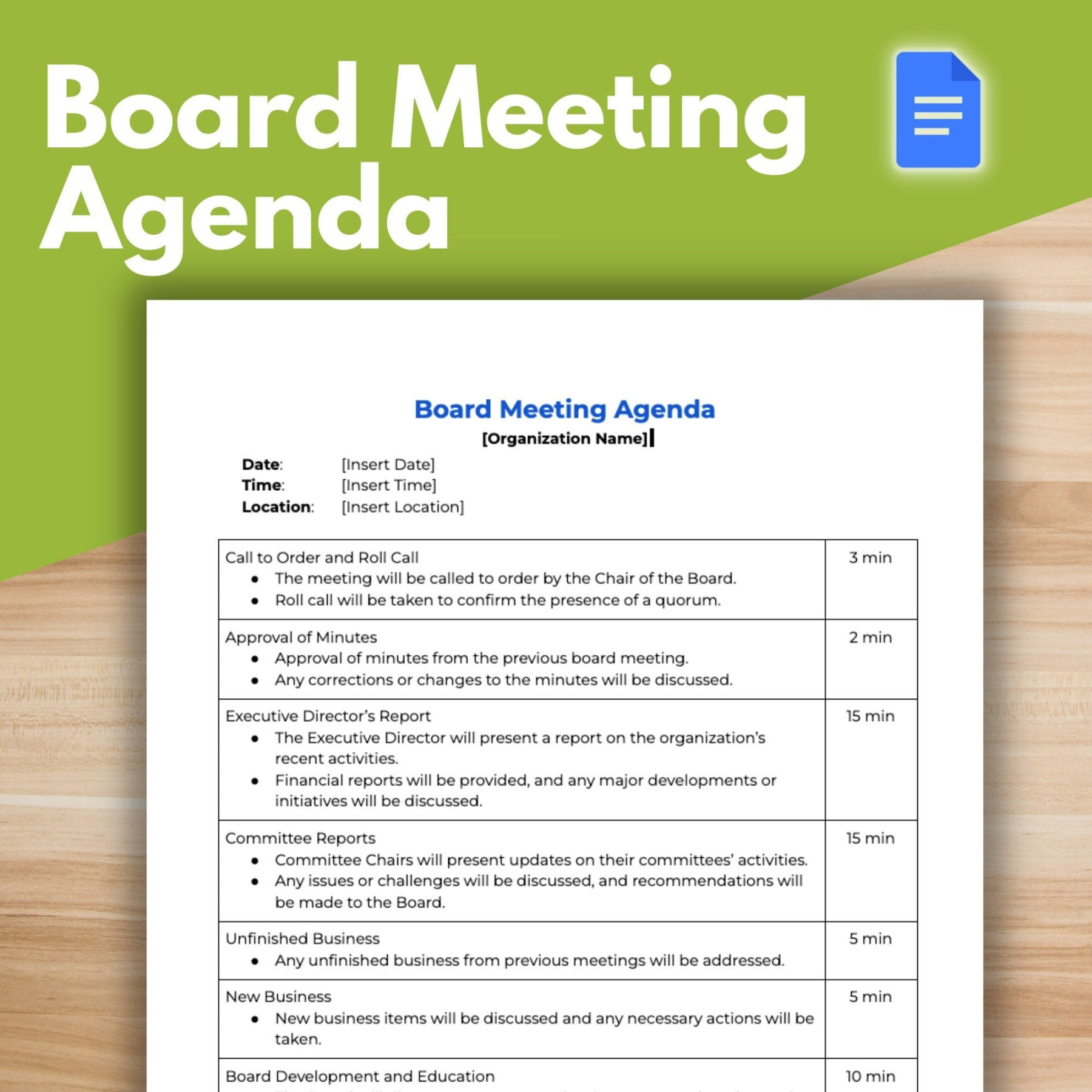 BOARD MEETING AGENDA Template Board of Directors, Nonprofit