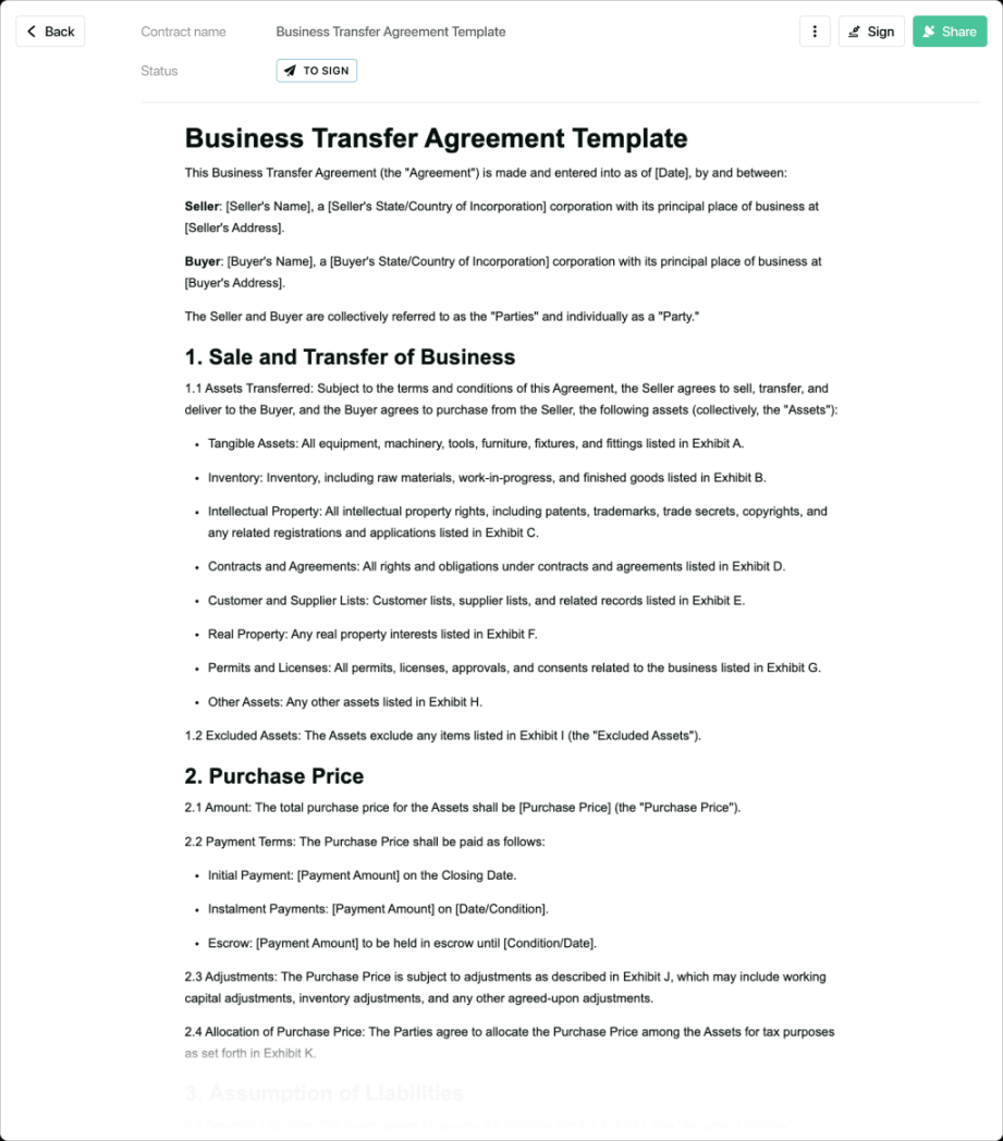 Business transfer agreement template - free to use