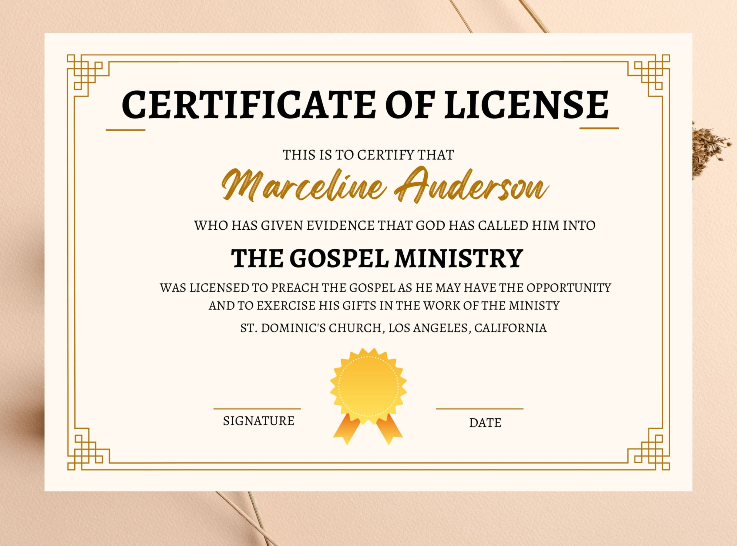 Certificate of License Template Editable License to Preach