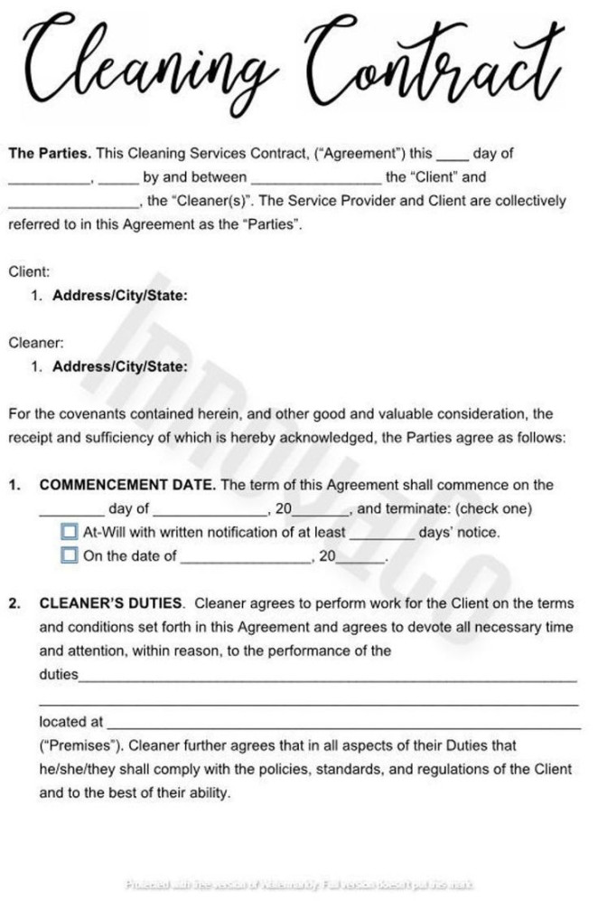 Cleaning business contract