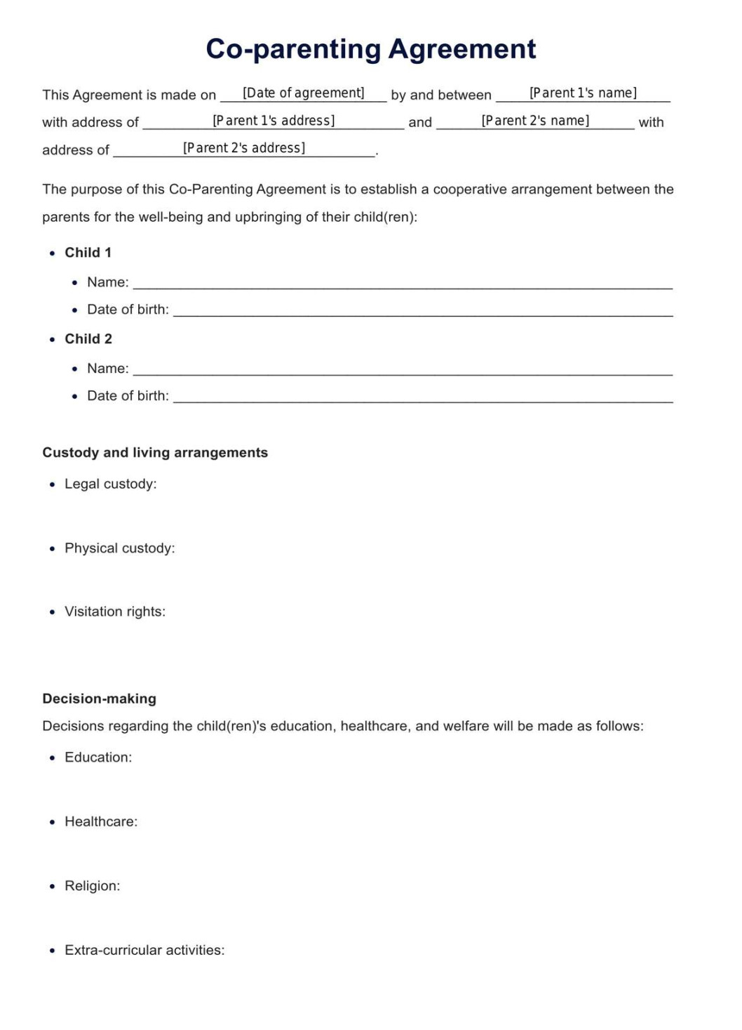 Co-Parenting Agreement Templates & Example  Free PDF Download