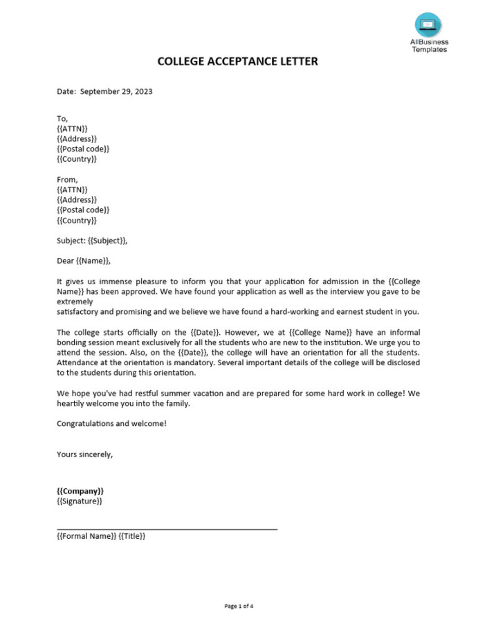 College Acceptance Letter Template  PDF