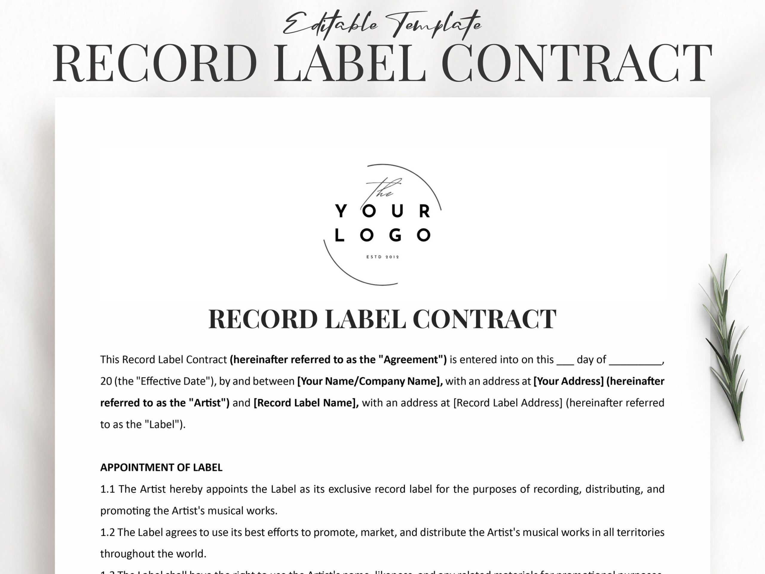 Complete Record Label Contract Template Exclusive Rights