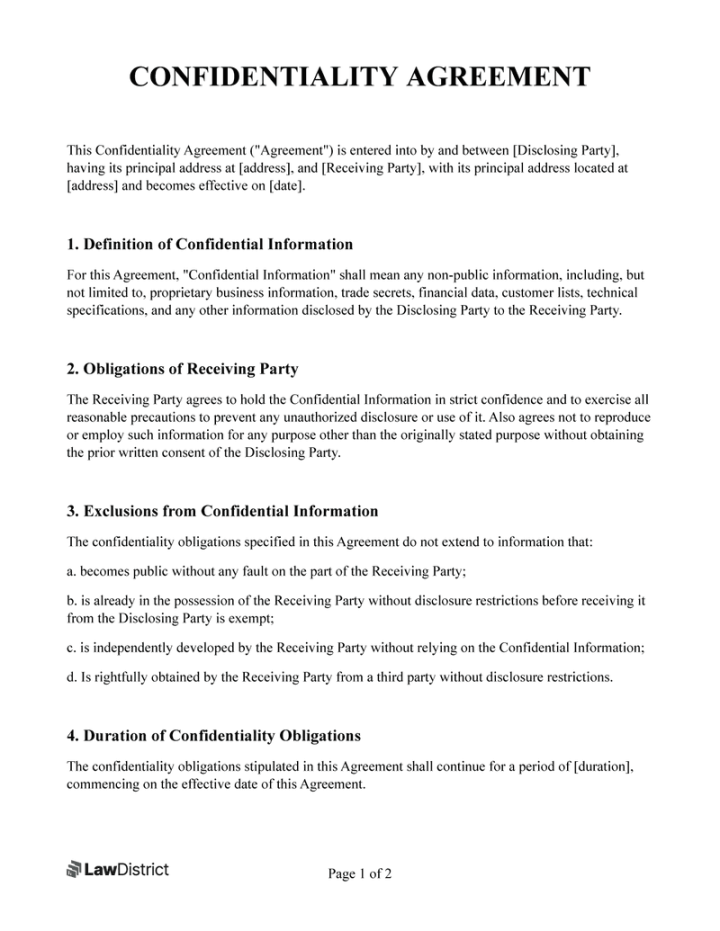 Confidentiality Agreement Template  Free PDF & Word  LawDistrict