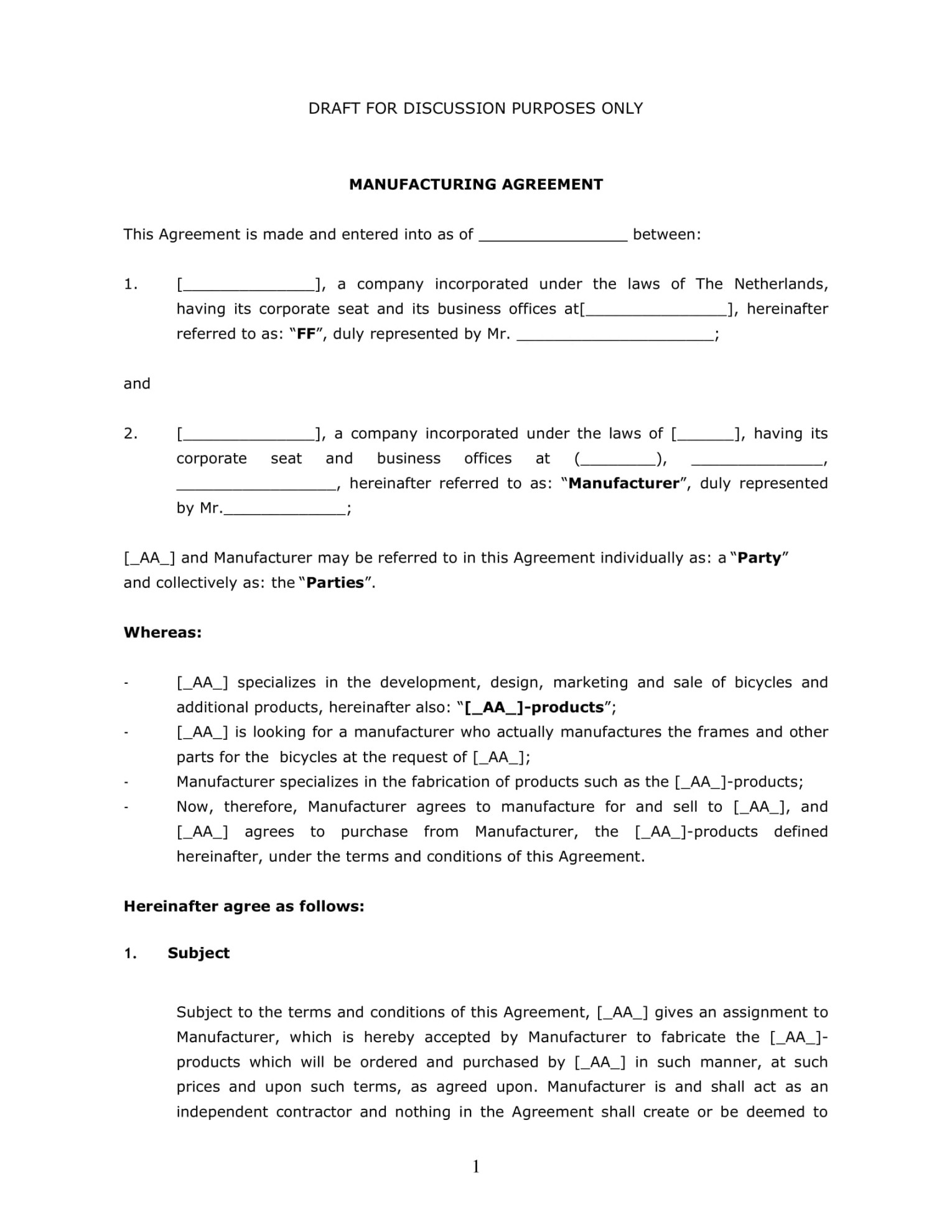 Contract Manufacturing Agreement - Examples, Format, Pdf