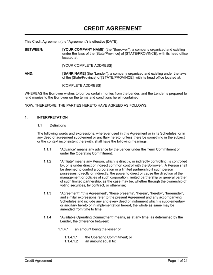 Credit Agreement Template (Download)