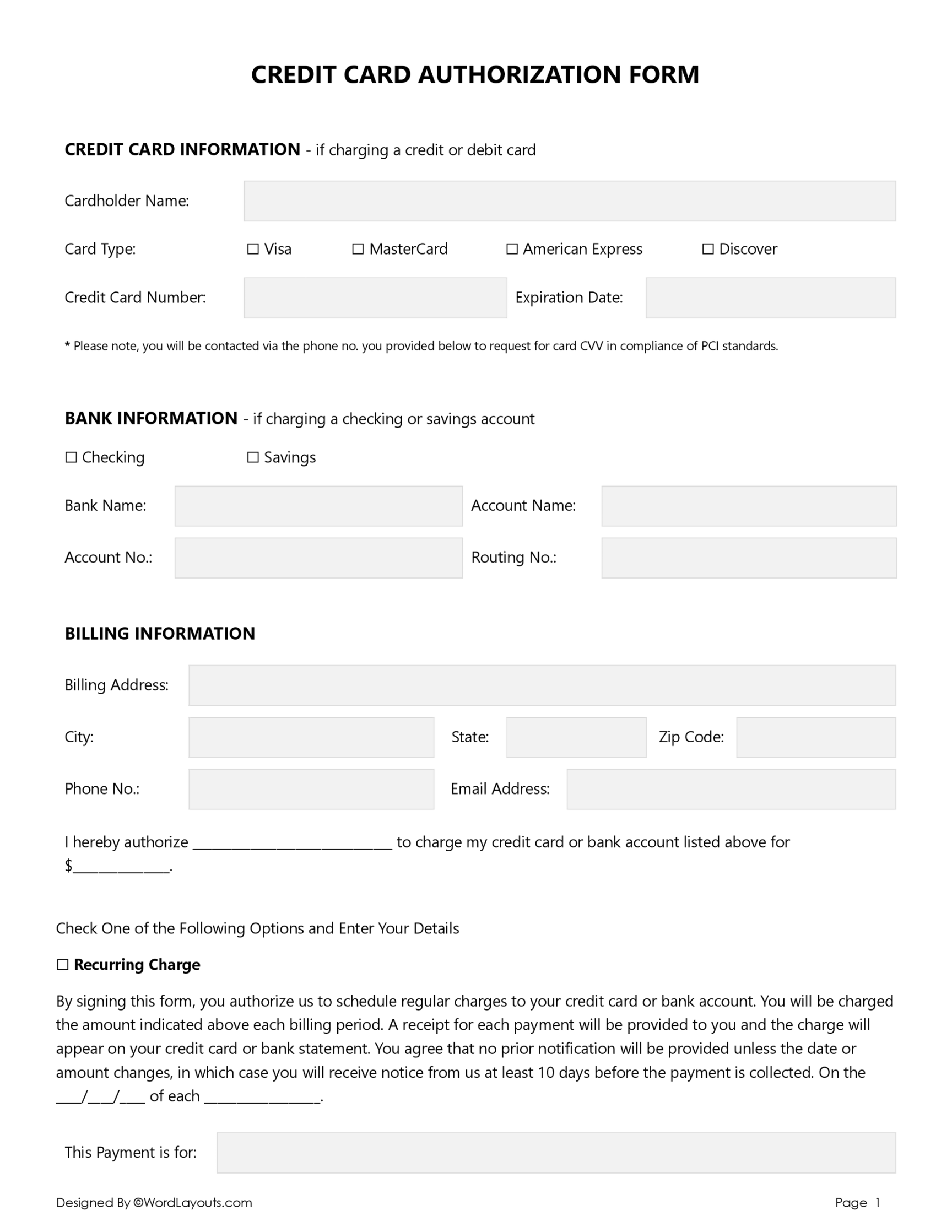 Credit Card Authorization Form Template (Word, GDocs) - WordLayouts