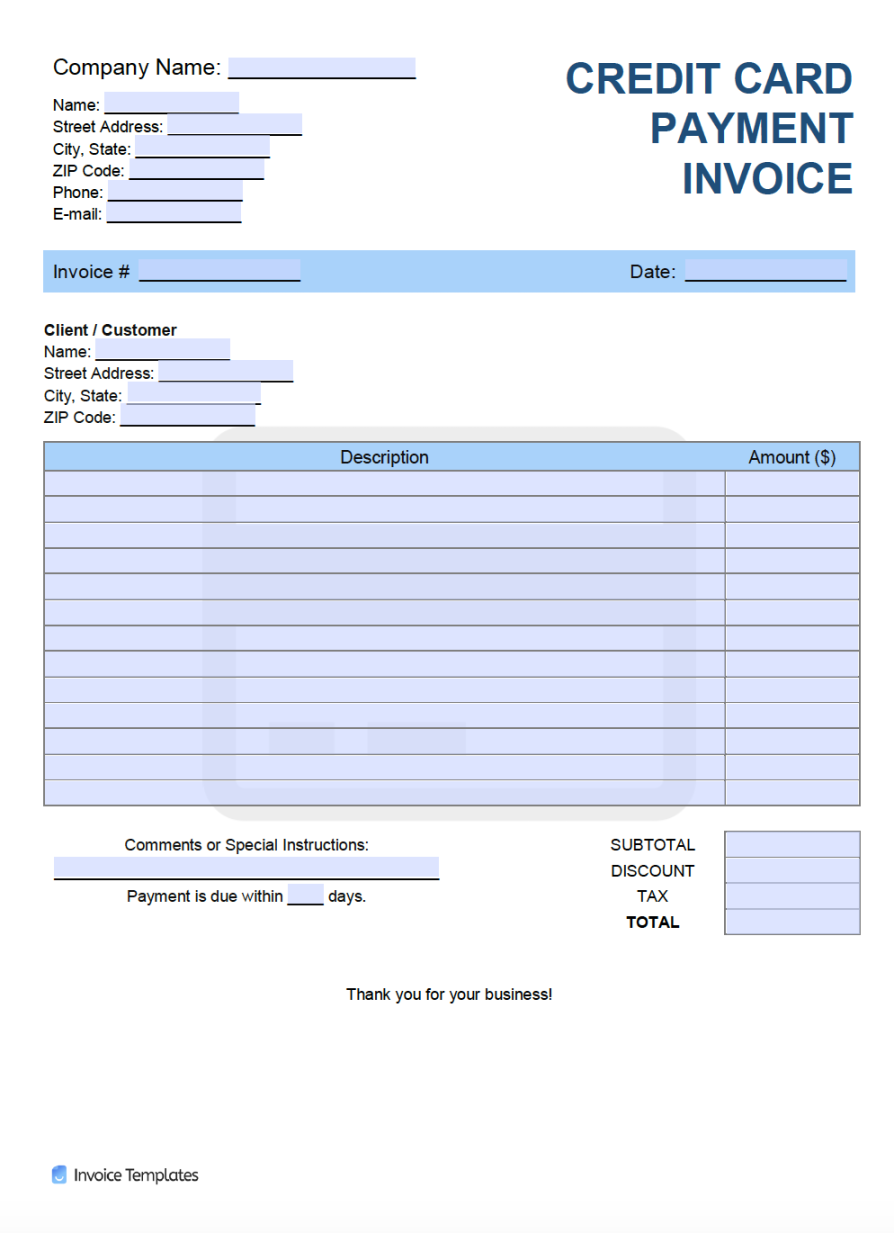 Credit Card (cc) Payment Invoice Template  Invoice Generator