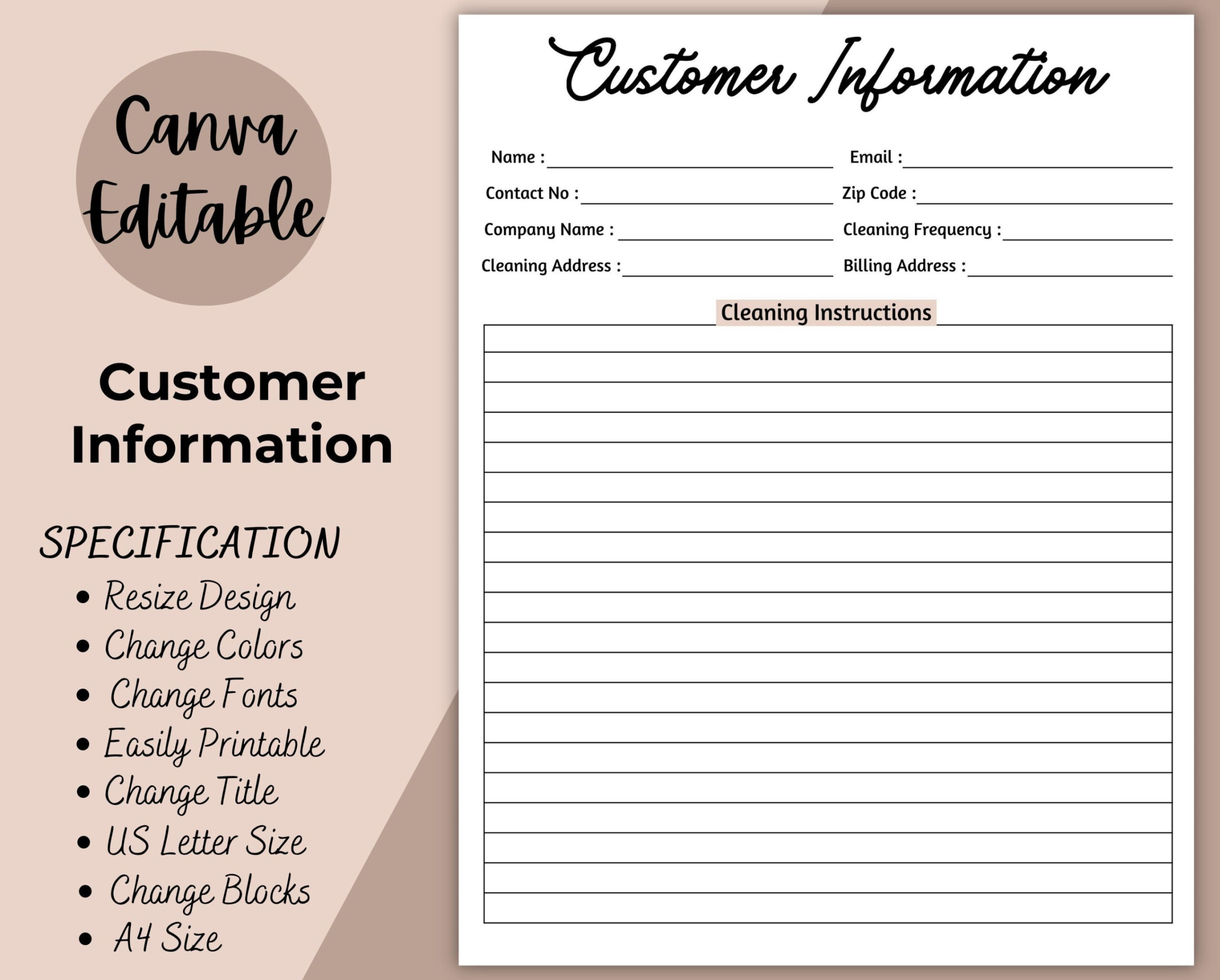 Customer Information Template Printable, Customer Info Log