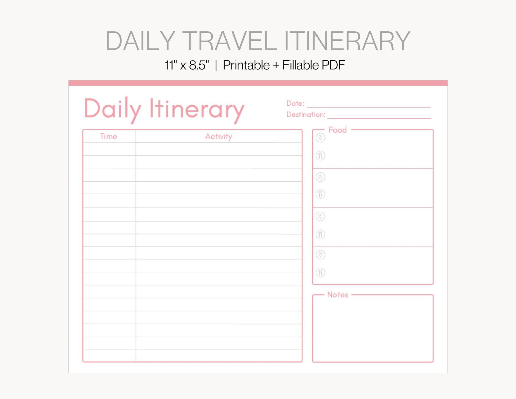 Daily Travel Itinerary Template, Trip Itinerary Planner, Printable