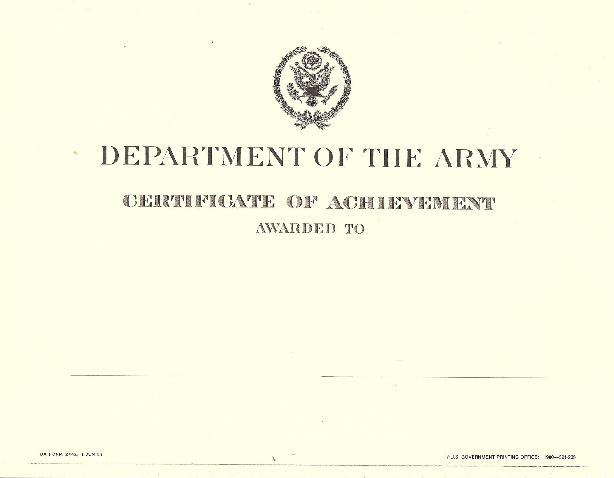 Department of the Army Certificate of Achievement