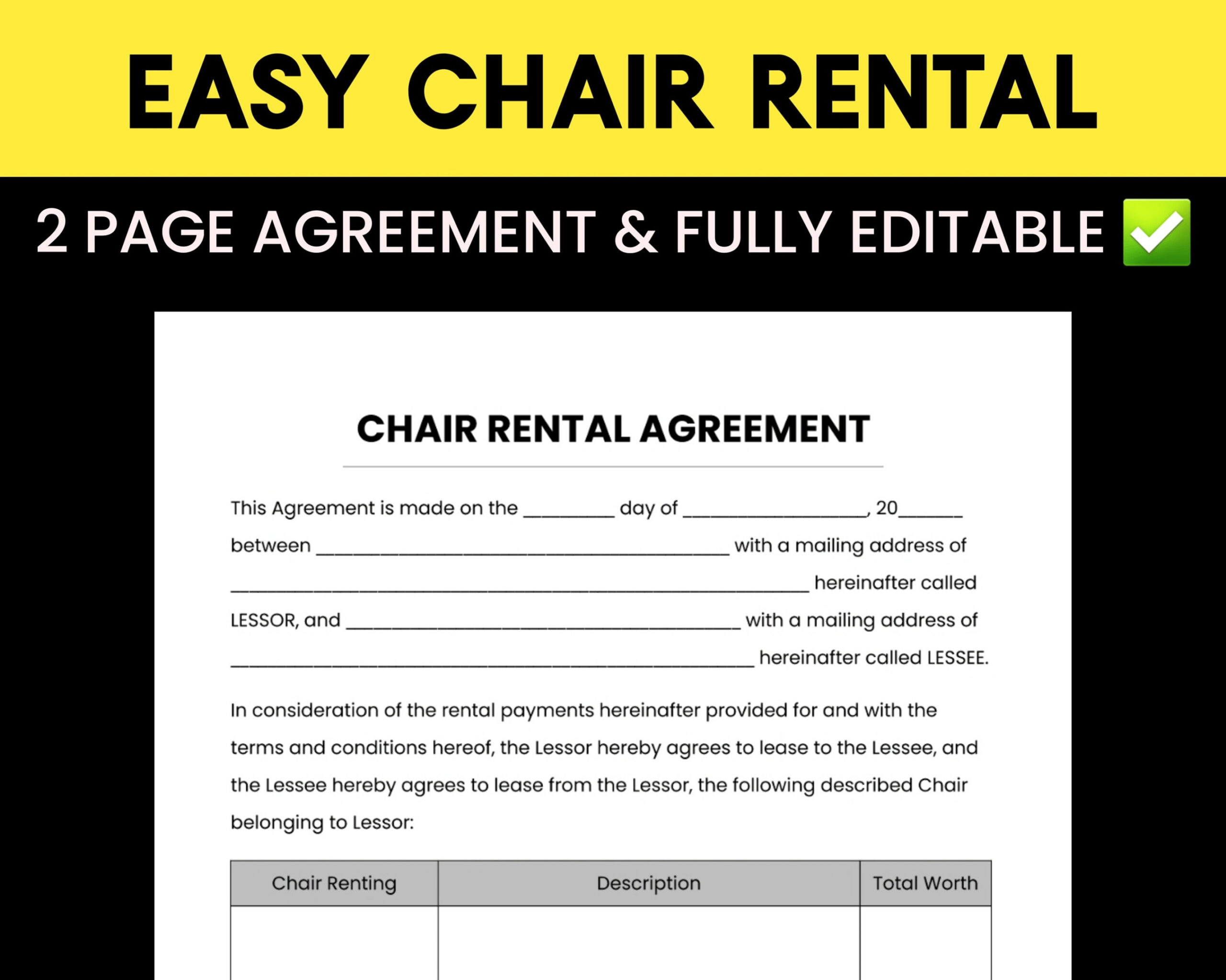 EASY Chair Rental Agreement Throne Chair Rental Contract Chair