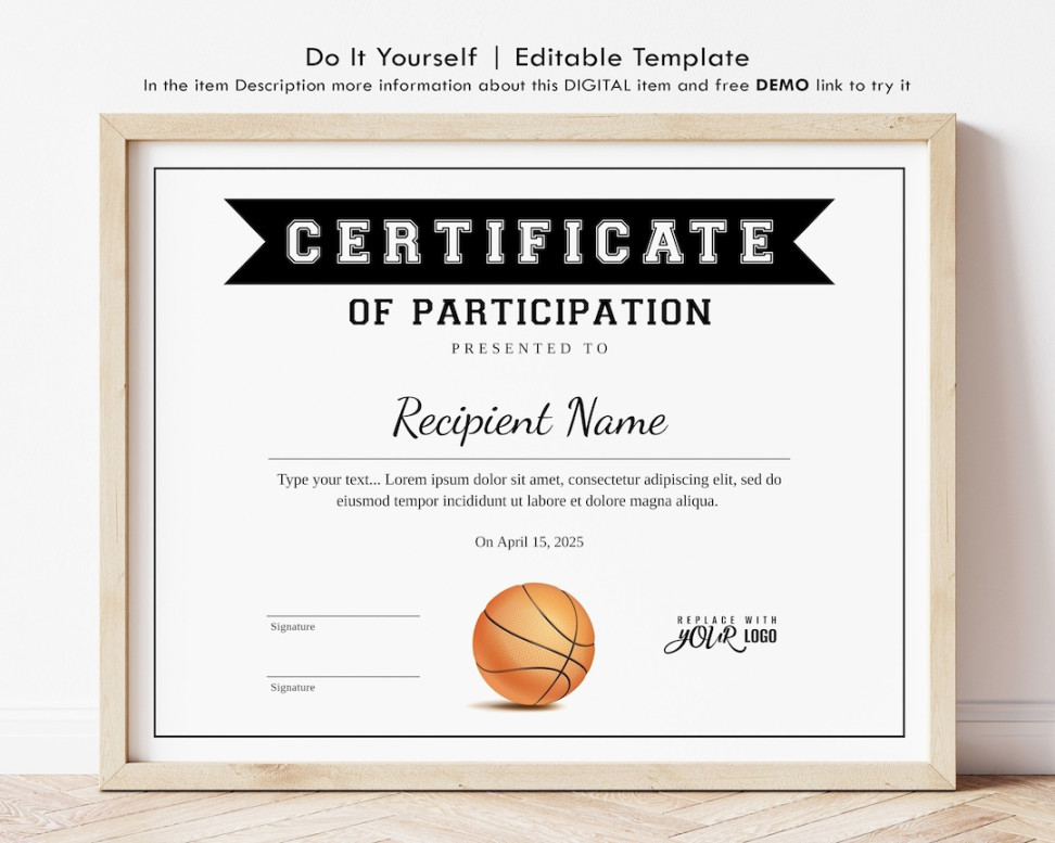 EDITABLE Basketball Certificate Template, Printable Sports