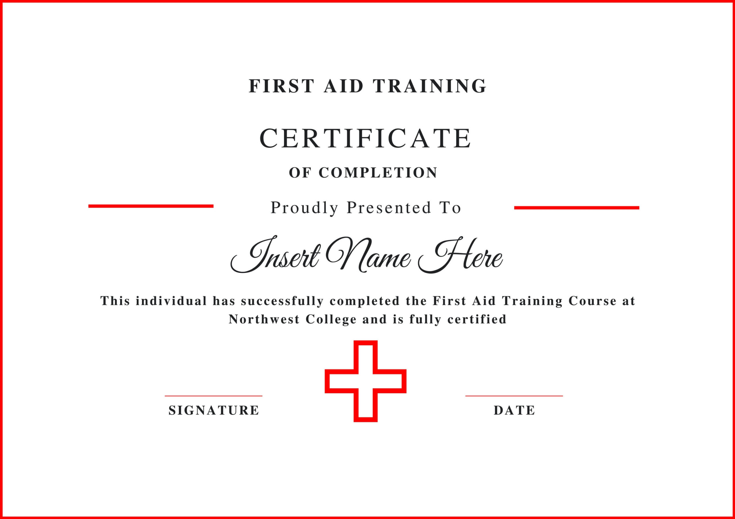 Editable Certificate of Completion, First Aid Training Certificate