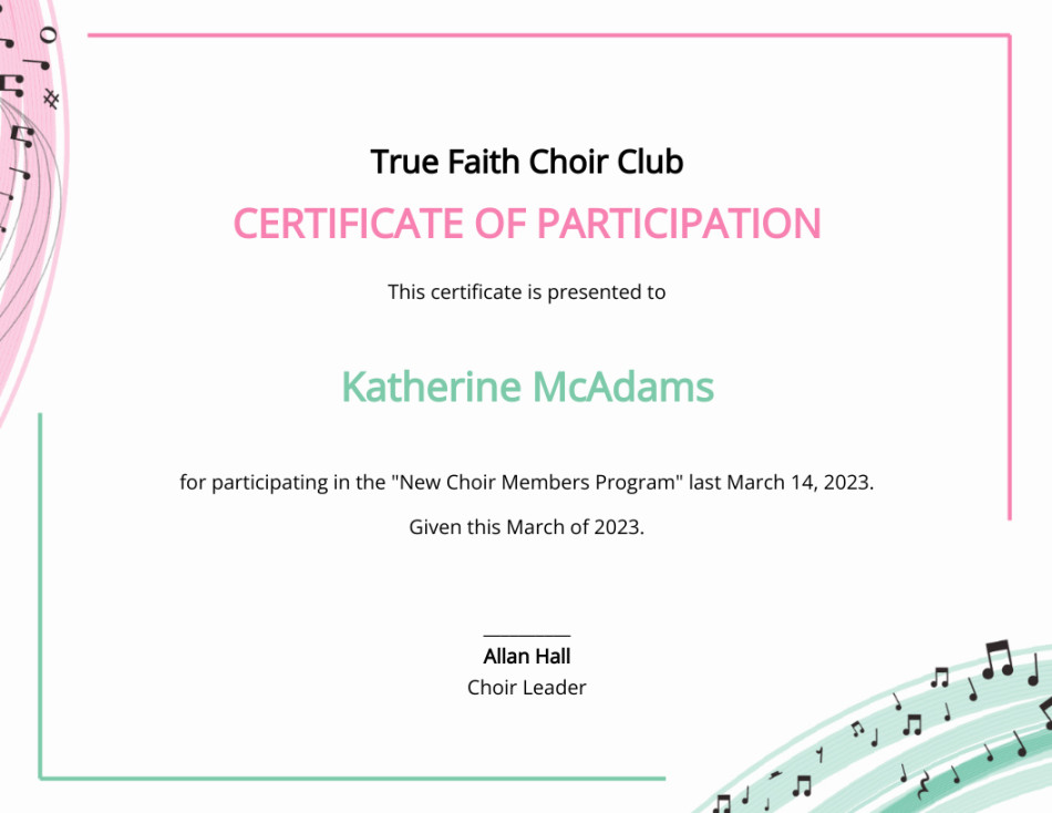 Editable Choir Certificate of Participation Template in Word