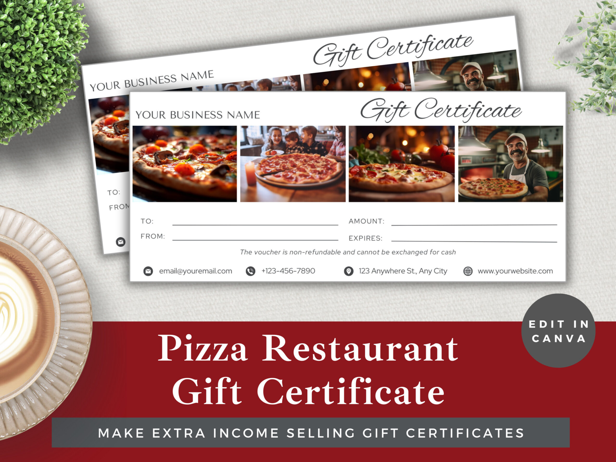 Editable Gift Certificate Pizza Restaurant Edit Template in Canva