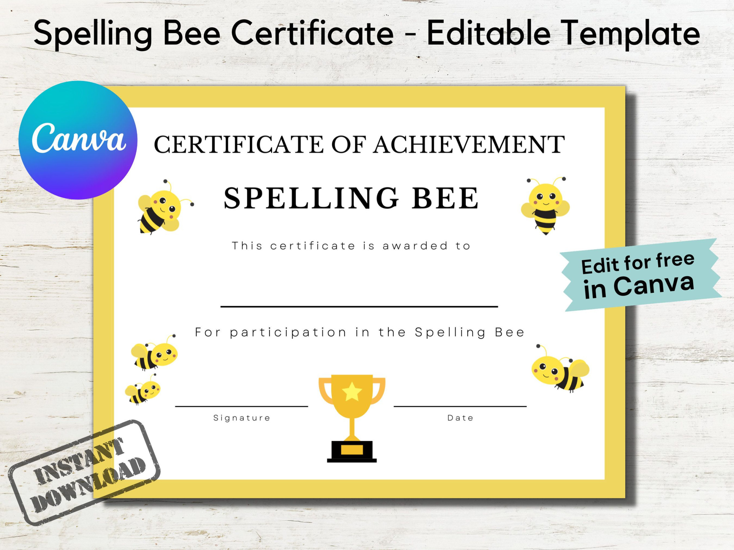 Editable Spelling Bee Certificate Printable, Spelling Bee