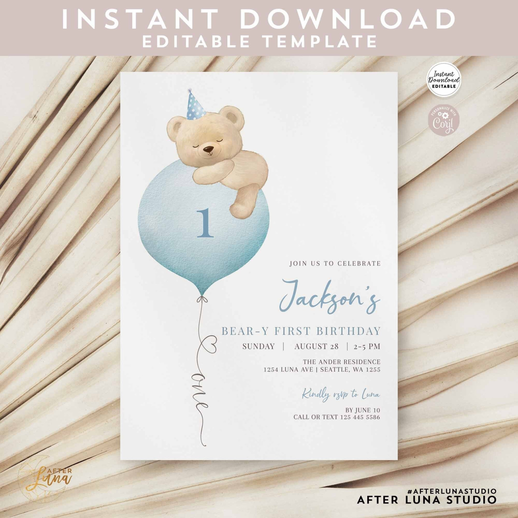 Editable st Birthday Boy Teddy Bear Birthday Invitation Blue