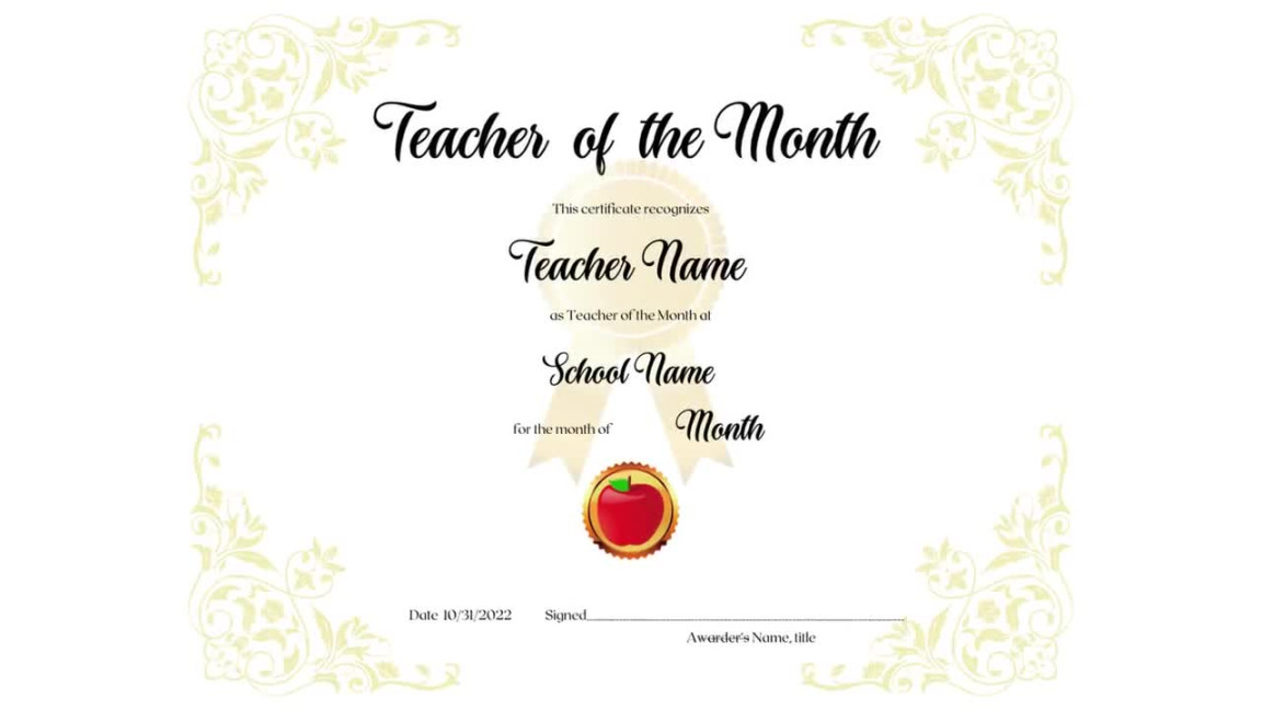 Editable Teacher of the Month Award Certificate - Instant Digital Download  Template for Appreciation