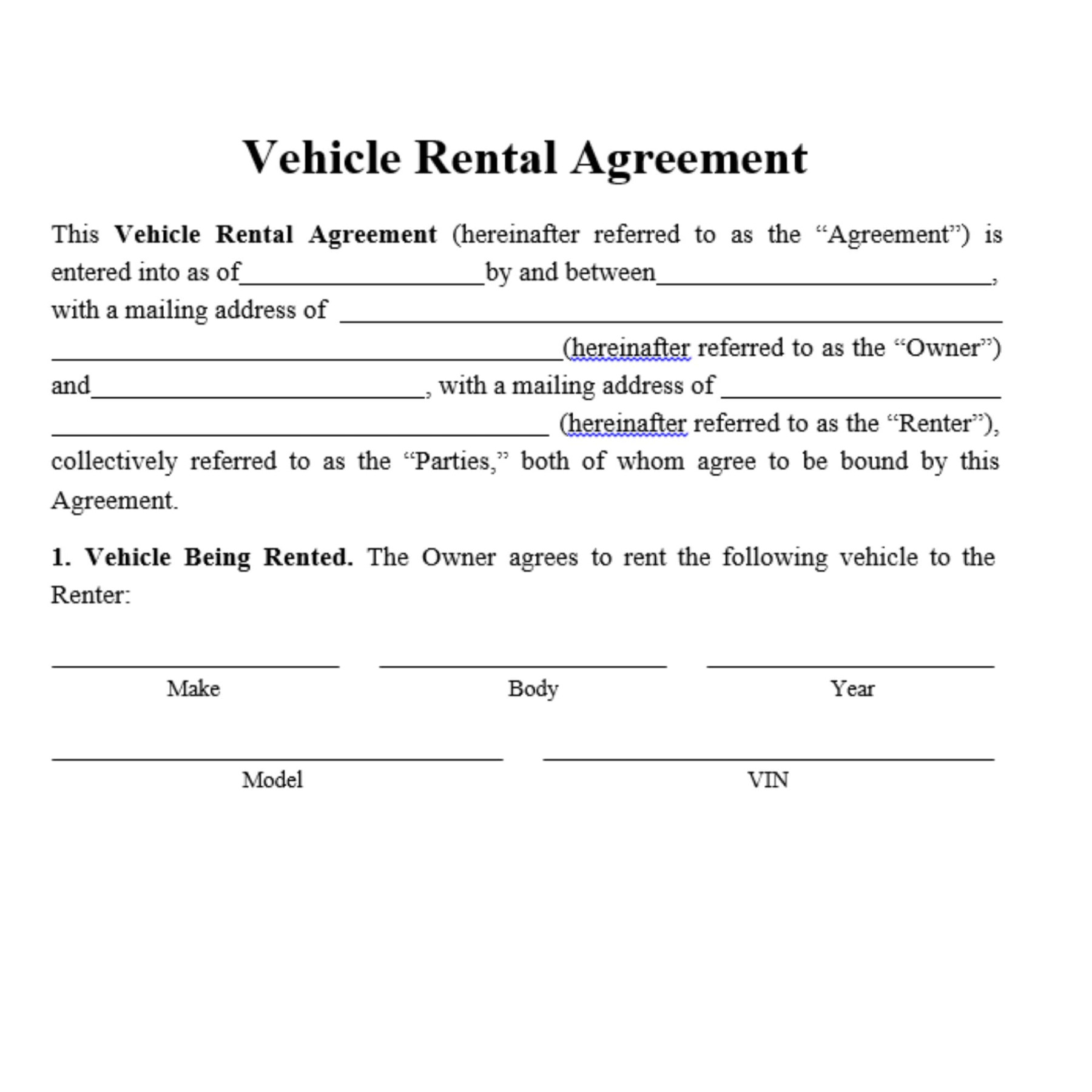 Editable Vehicle Rental Lease Agreement Car Rental Agreement Lease