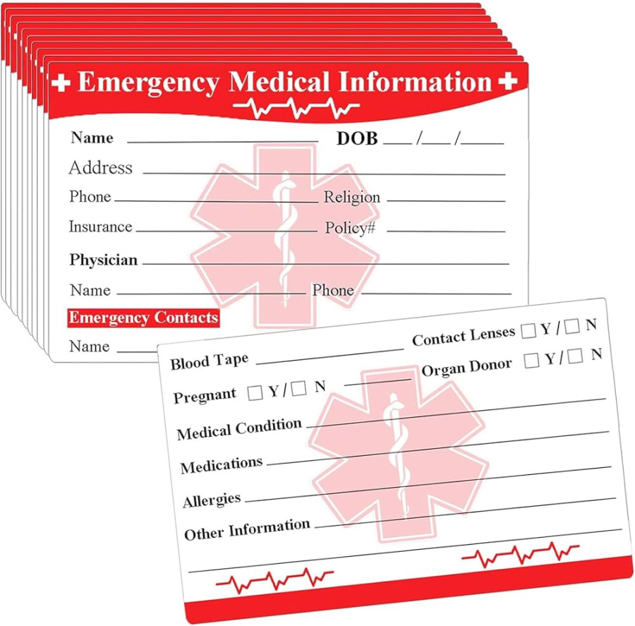 Emergency Contact ID Card Medical Alert Information  Pack Business Card  for Emergency Medical Information ." x " : Amazon