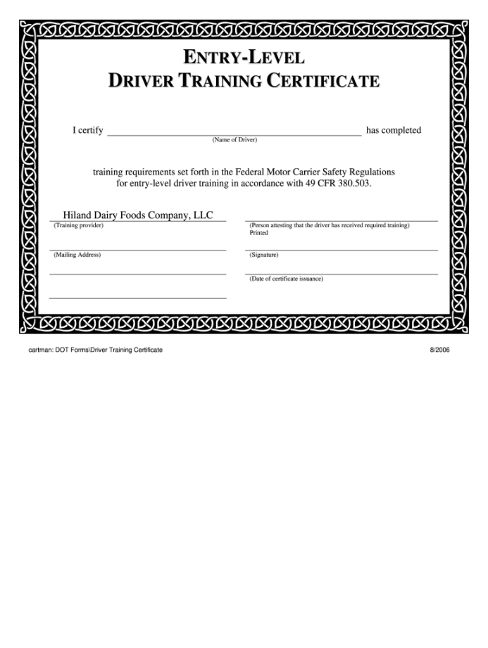 Entry Level Driver Training Certificate Pdf - Fill Online