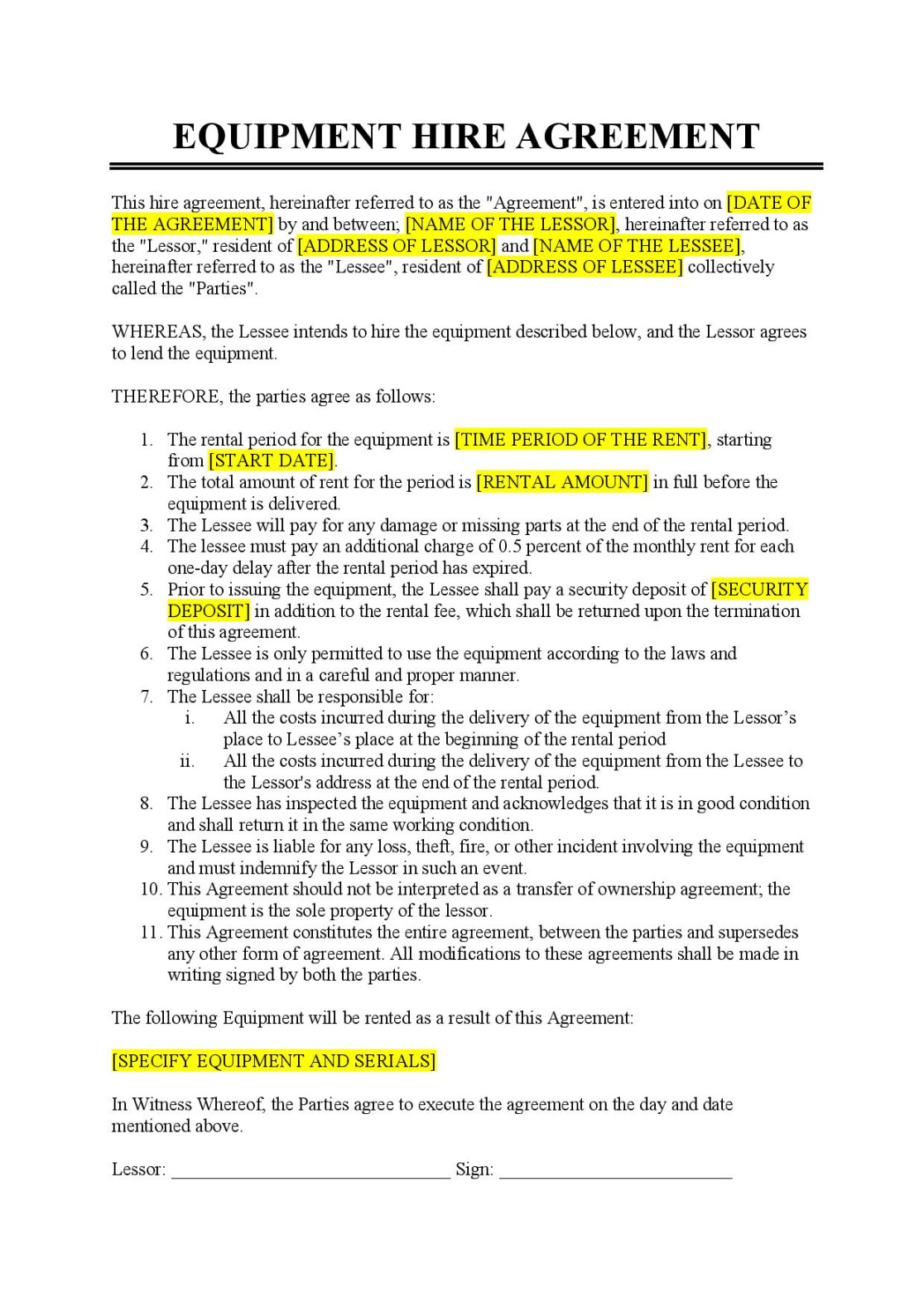 Equipment Hire Agreement Template - Free Download - Easy Legal Docs