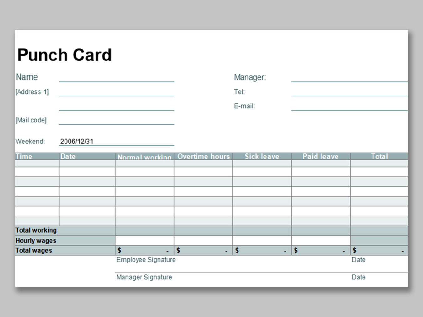 EXCEL of Simple Business Punch Card