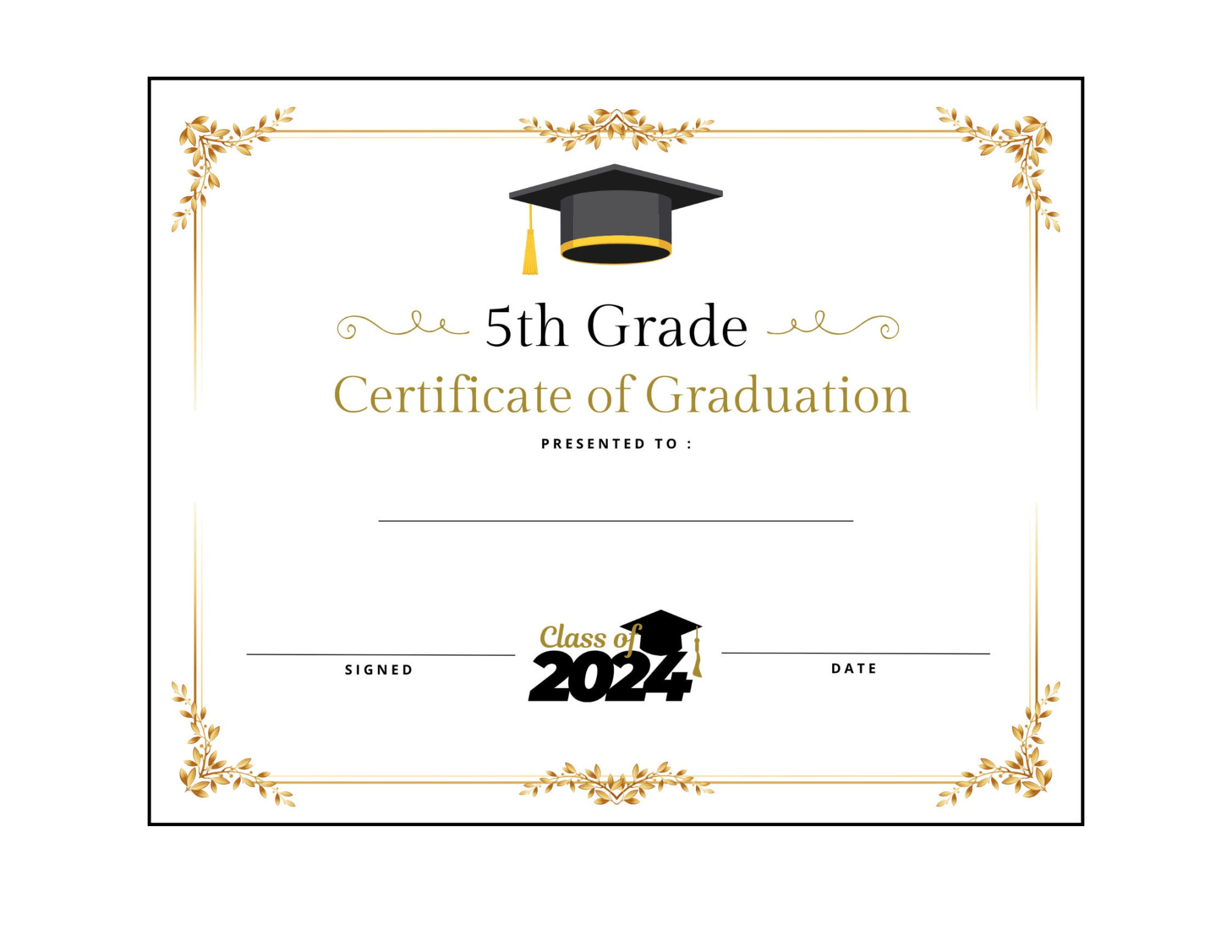 Fifth Grade Graduation Diploma Certificate Instant Download