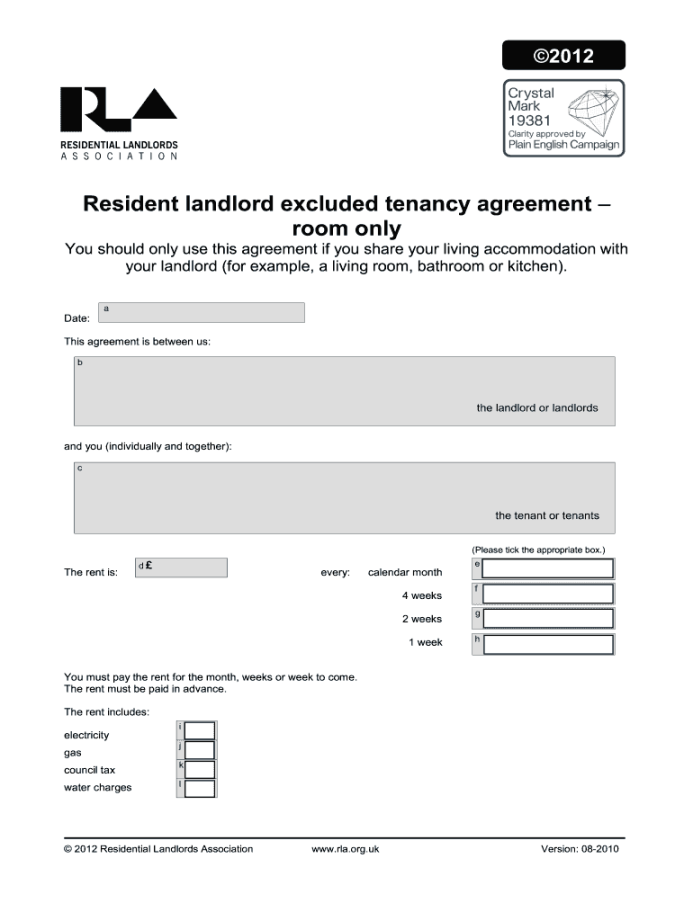 Fillable Online loea co Excluded Tenancy Agreement Lodgers