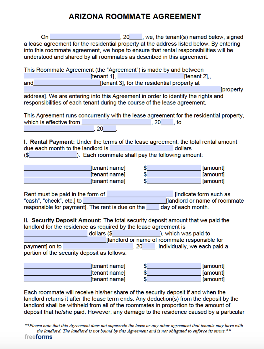 Free Arizona Roommate Agreement Template  PDF  Word