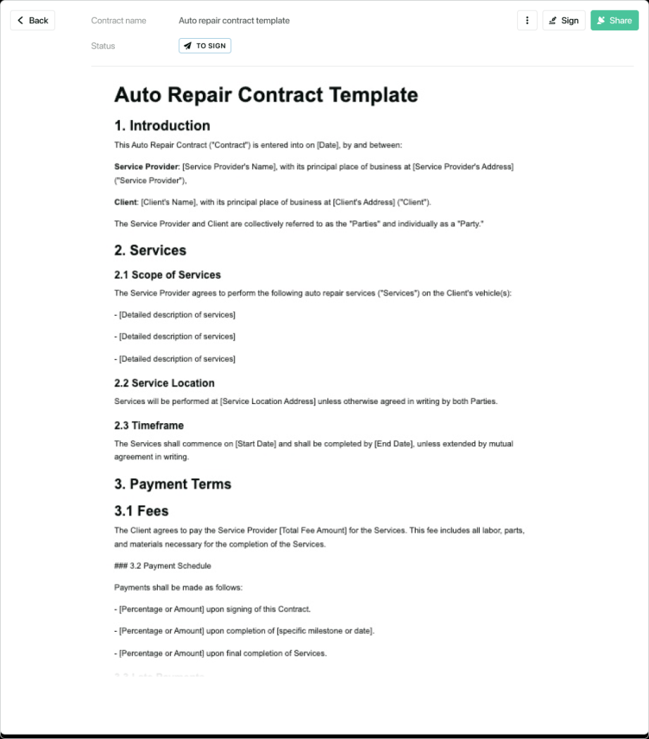 Free Auto Repair Contract Template