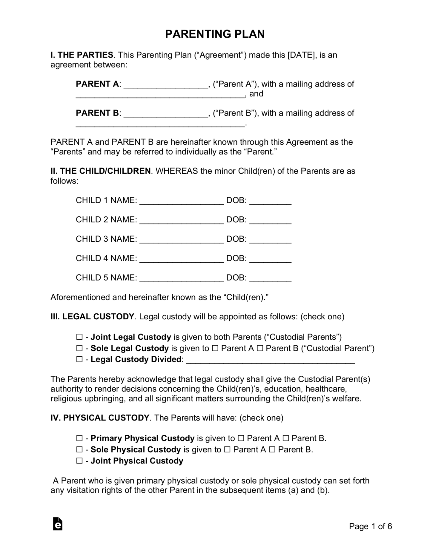 Free Custody (Parenting Plan) Agreement Template - PDF  Word – eForms