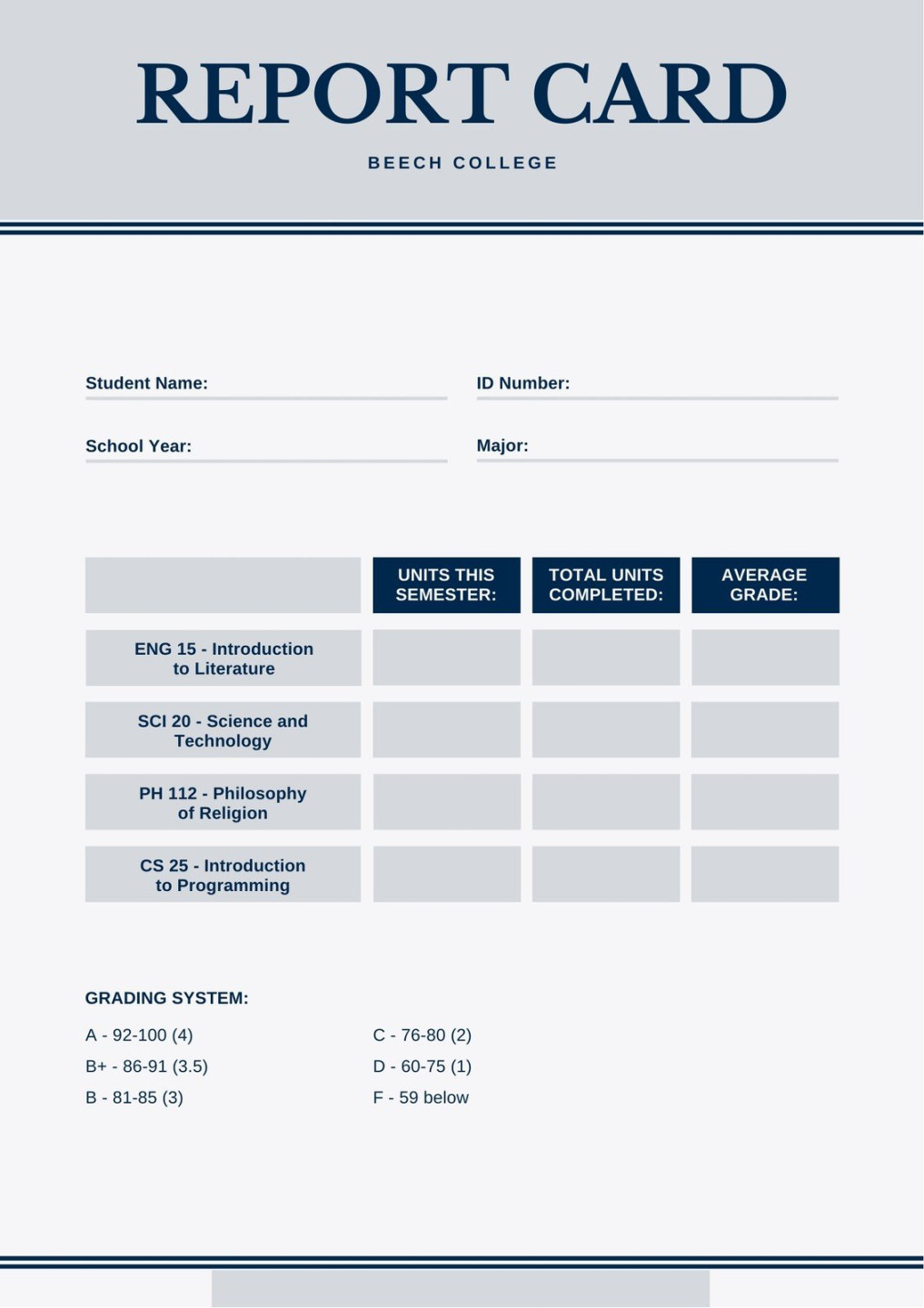 Free custom printable college report card templates  Canva