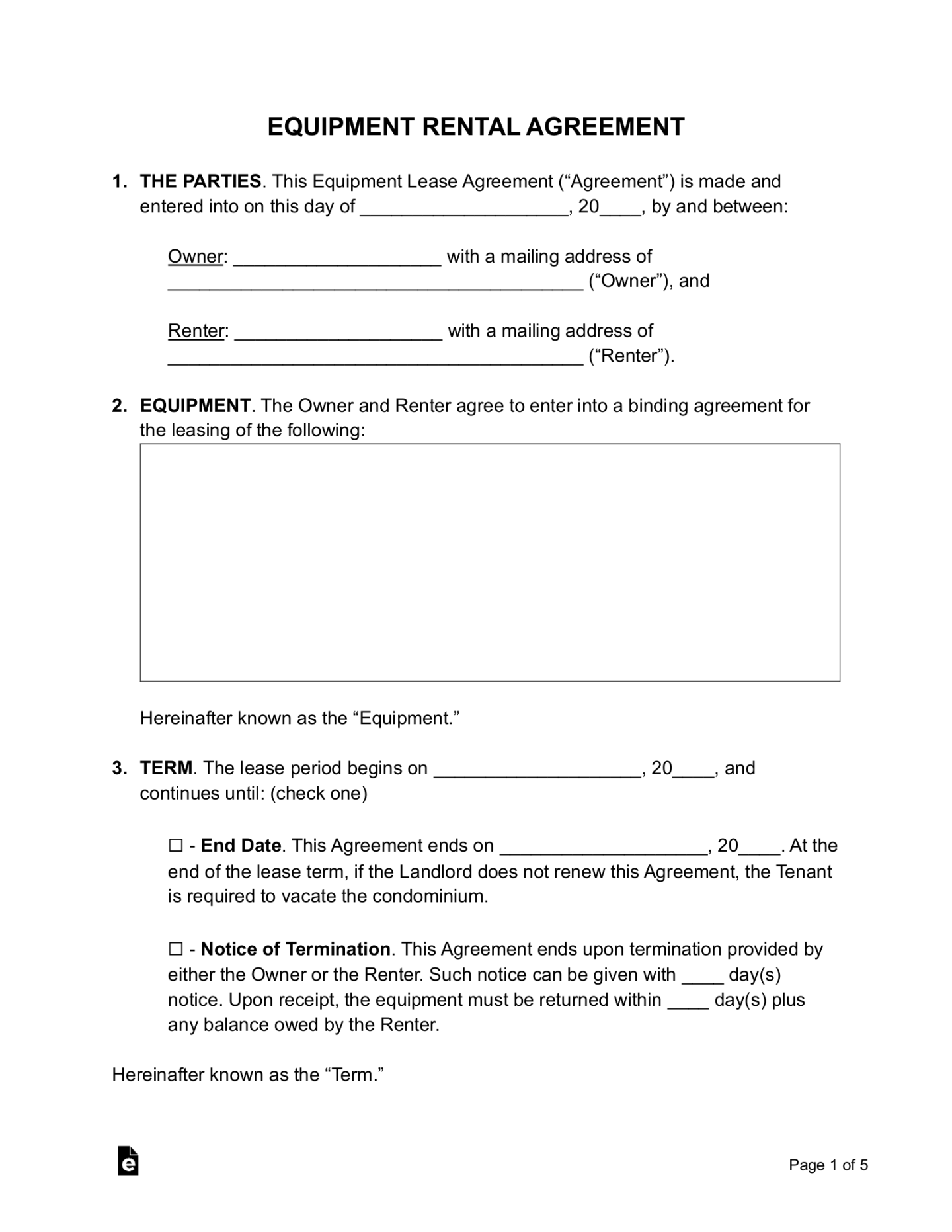 Free Equipment Rental Agreement Template - PDF  Word – eForms