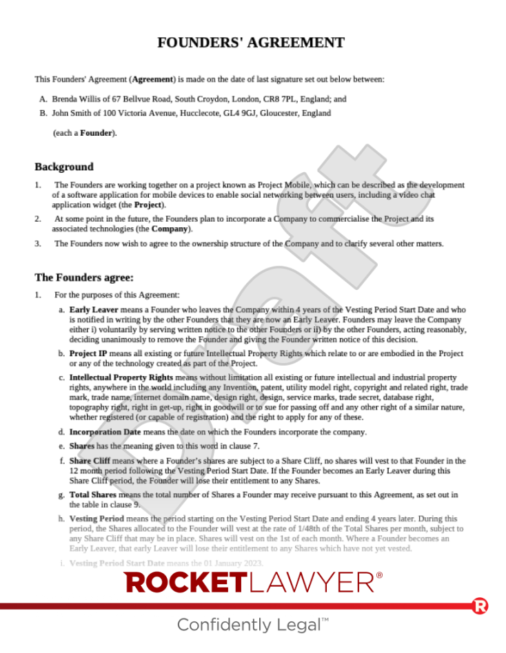 Free Founders Agreement  Template & FAQs - Rocket Lawyer UK