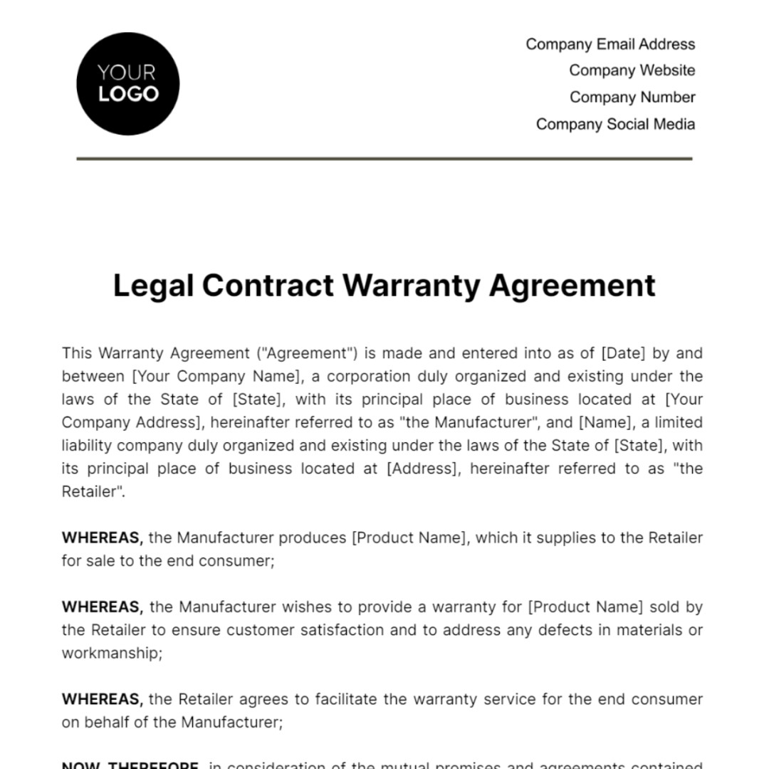 Free Legal Contract Warranty Agreement Template - Edit Online