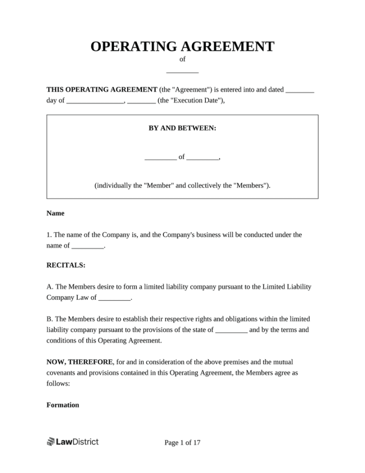 Free LLC Operating Agreement Template (US)  LawDistrict