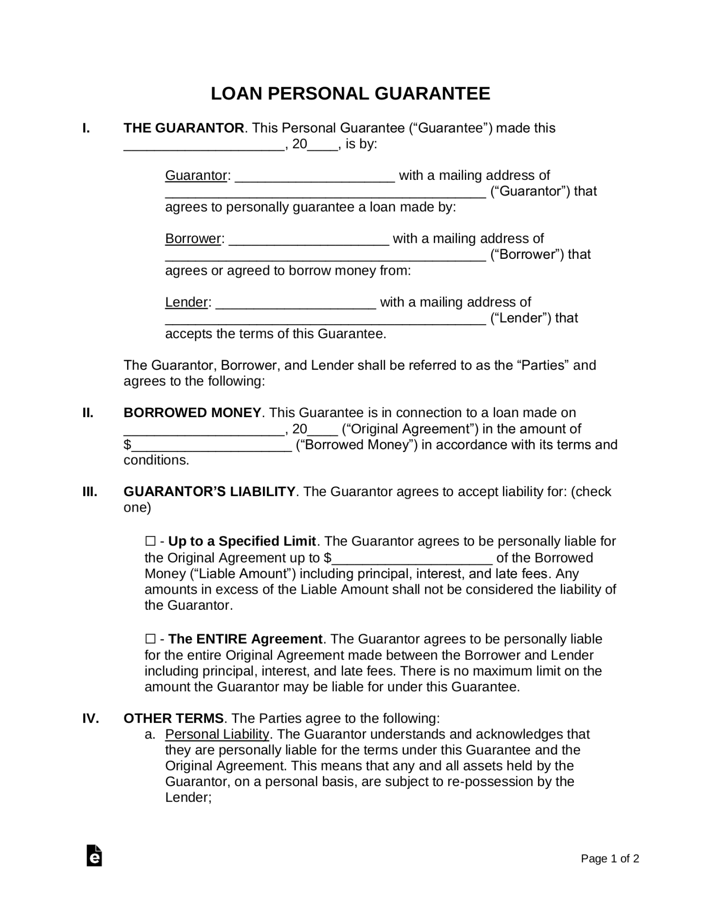 Free Loan Personal Guarantee Form  Co-Signer - PDF  Word – eForms