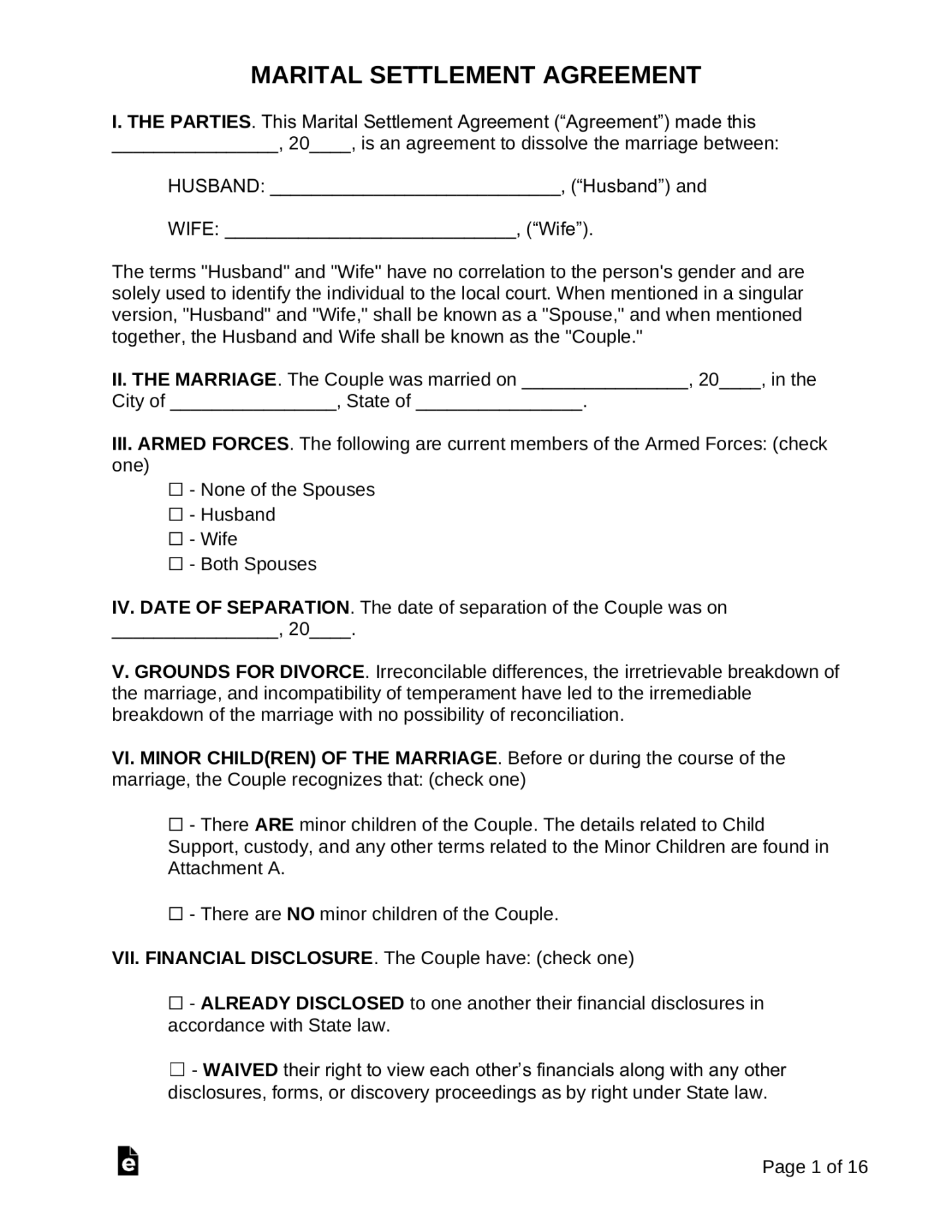 Free Marital Settlement Agreement Template  Sample - PDF  Word