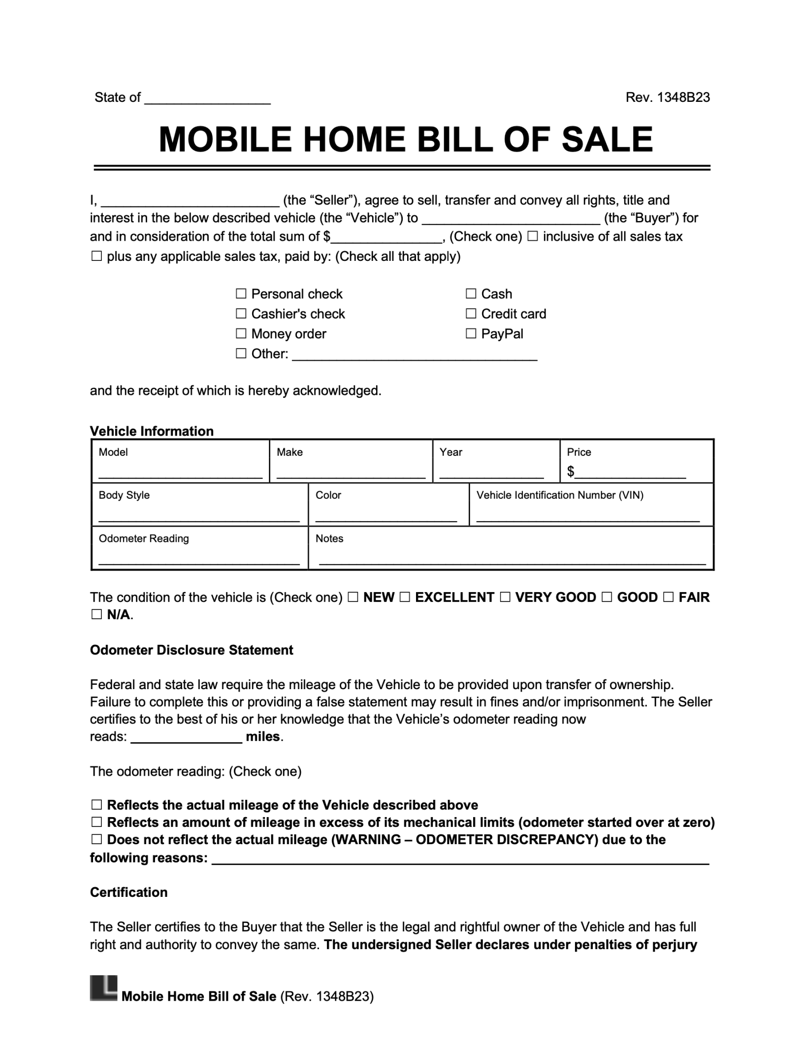 Free Mobile (Manufactured) Home Bill of Sale Form  Legal Templates