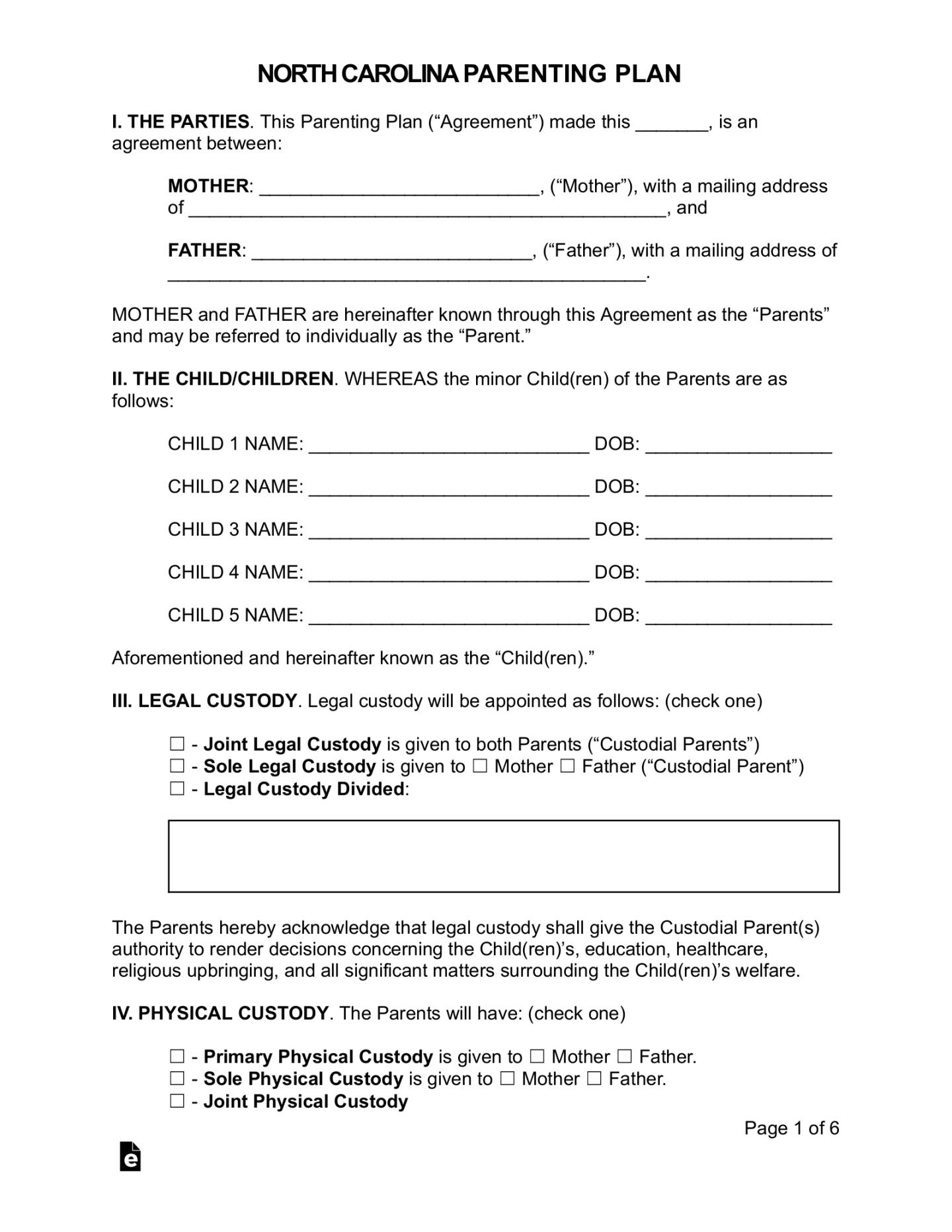 Free North Carolina Custody (Parenting) Plan - PDF  Word – eForms