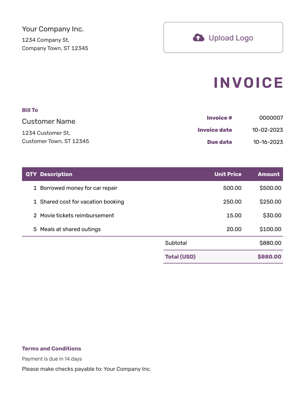 Free Personal Invoice Template  docelf