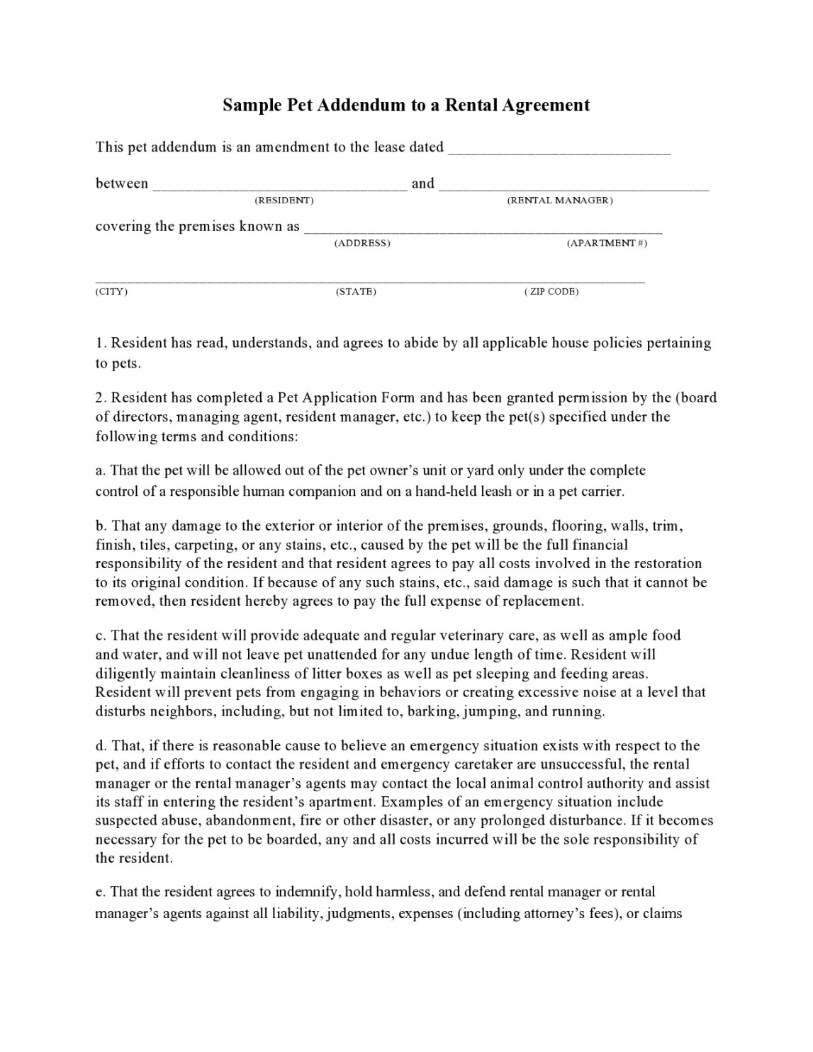 Free Pet Addendum Forms to Rental Agreement [DOC, PDF]