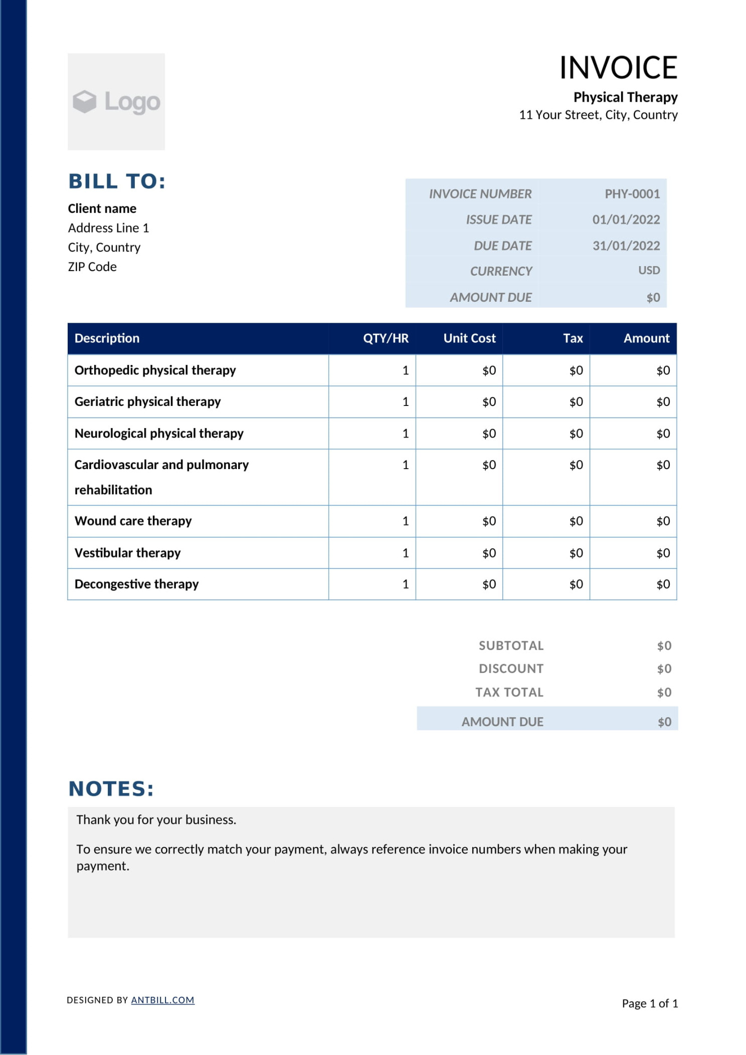 Free Physical Therapy Invoice Templates - Antbill