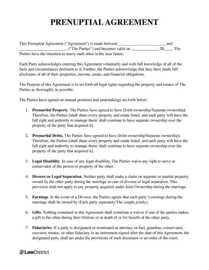 Free Prenuptial Agreement Template  PDF & Sample  LawDistrict